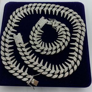 25mm Diamond Iced Out Two Row Spiked Chain Necklace - Bracelet Set